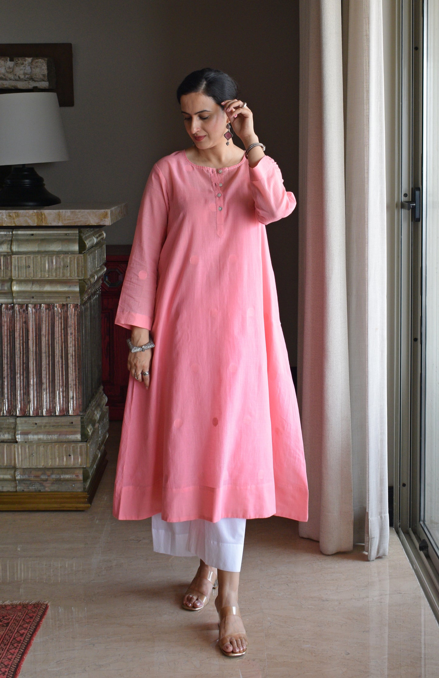 Light Pink Jamdani Polka Dot Kurta with White Pyjama