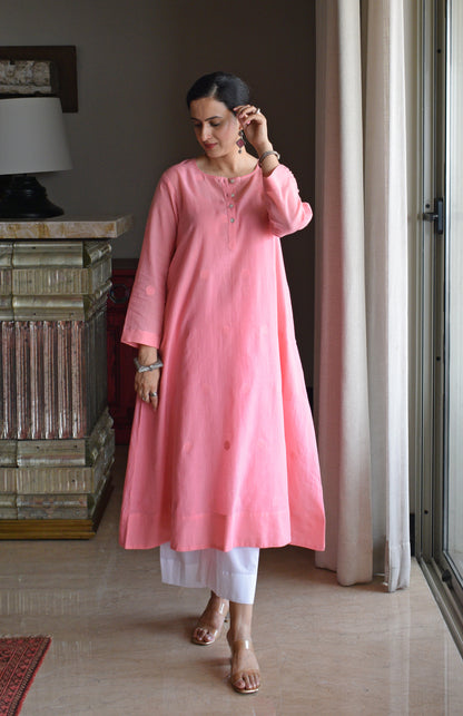 Light Pink Jamdani Polka Dot Kurta with White Pyjama