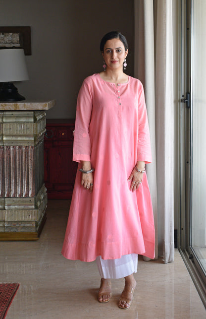 Light Pink Jamdani Polka Dot Kurta with White Pyjama