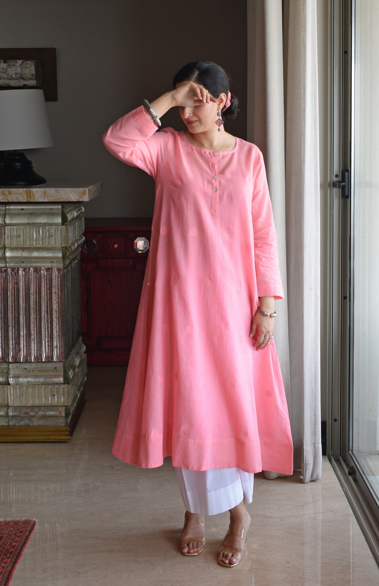 Light Pink Jamdani Polka Dot Kurta with White Pyjama