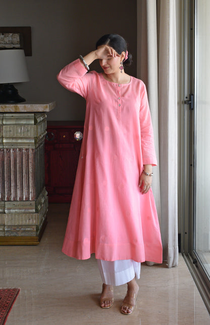 Light Pink Jamdani Polka Dot Kurta with White Pyjama