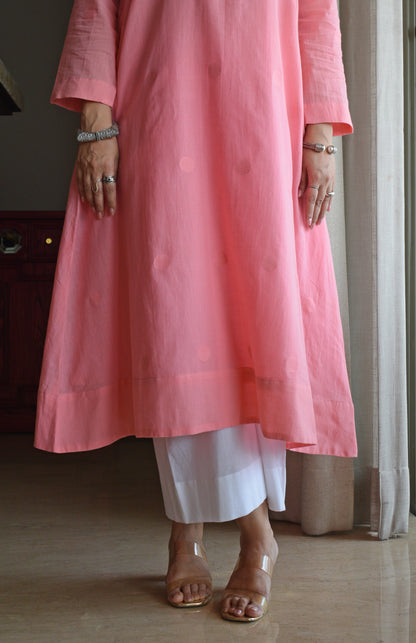 Light Pink Jamdani Polka Dot Kurta with White Pyjama