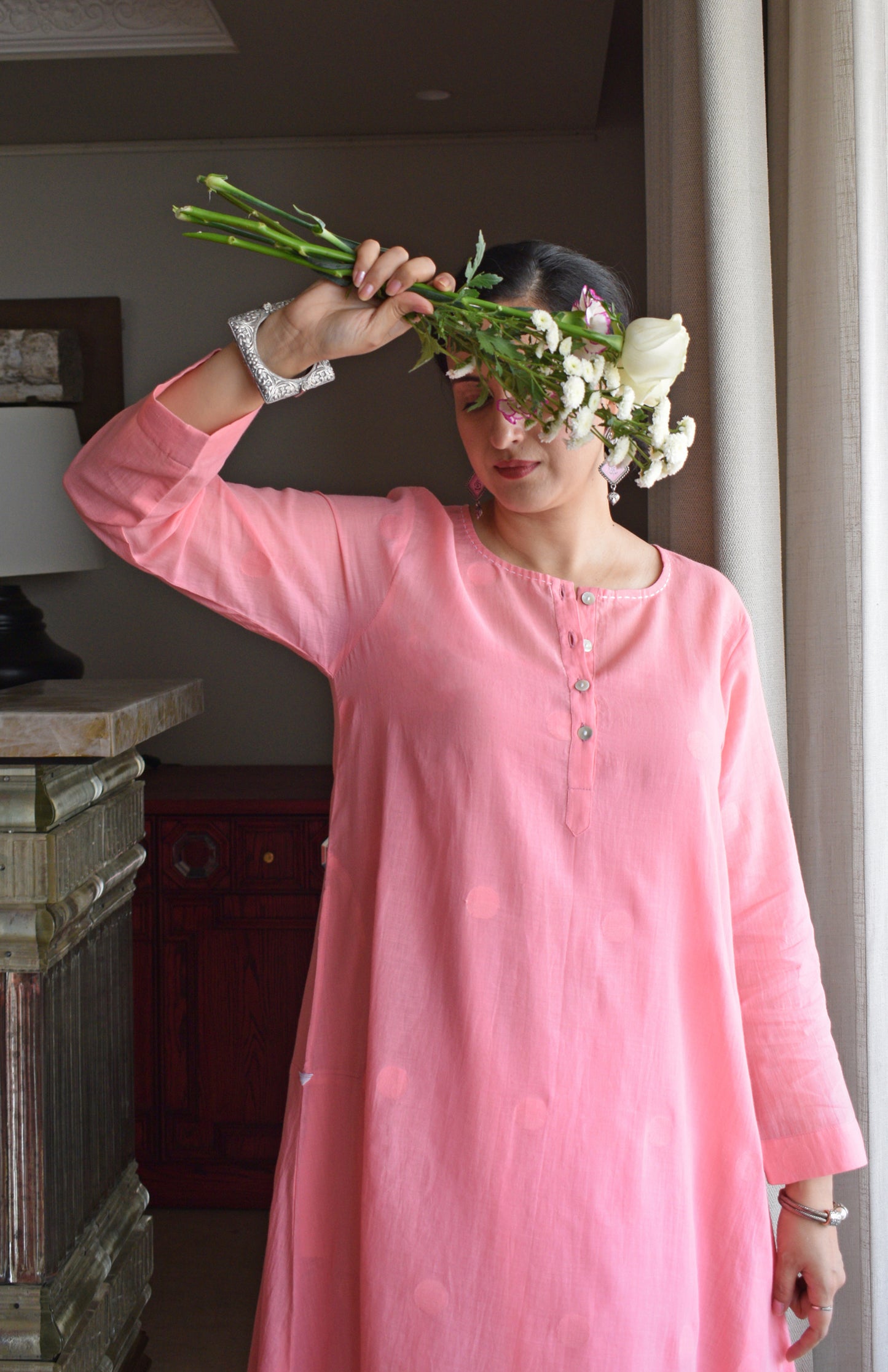 Light Pink Jamdani Polka Dot Kurta with White Pyjama