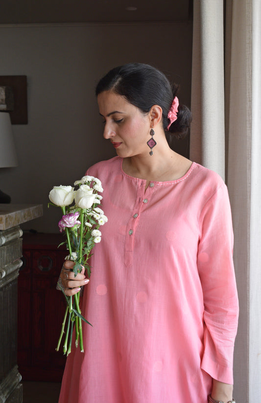 Light Pink Jamdani Polka Dot Kurta with Placket