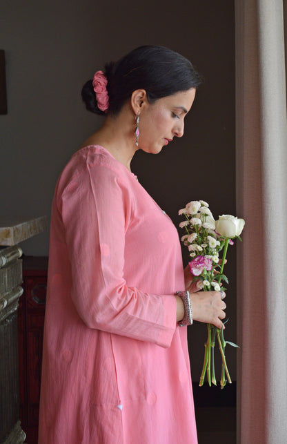 Light Pink Jamdani Polka Dot Kurta with White Pyjama