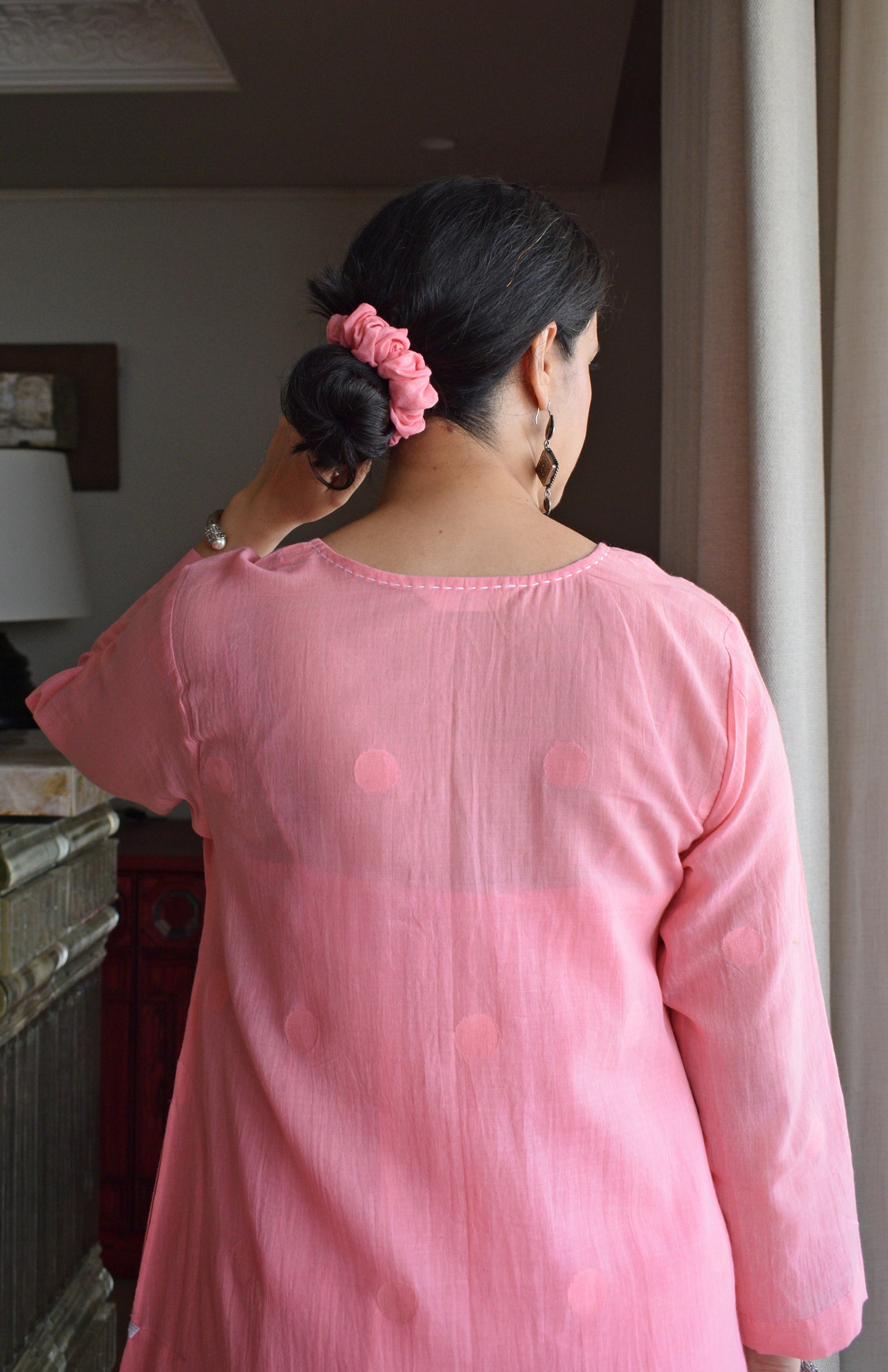 Light Pink Jamdani Polka Dot Kurta with White Pyjama