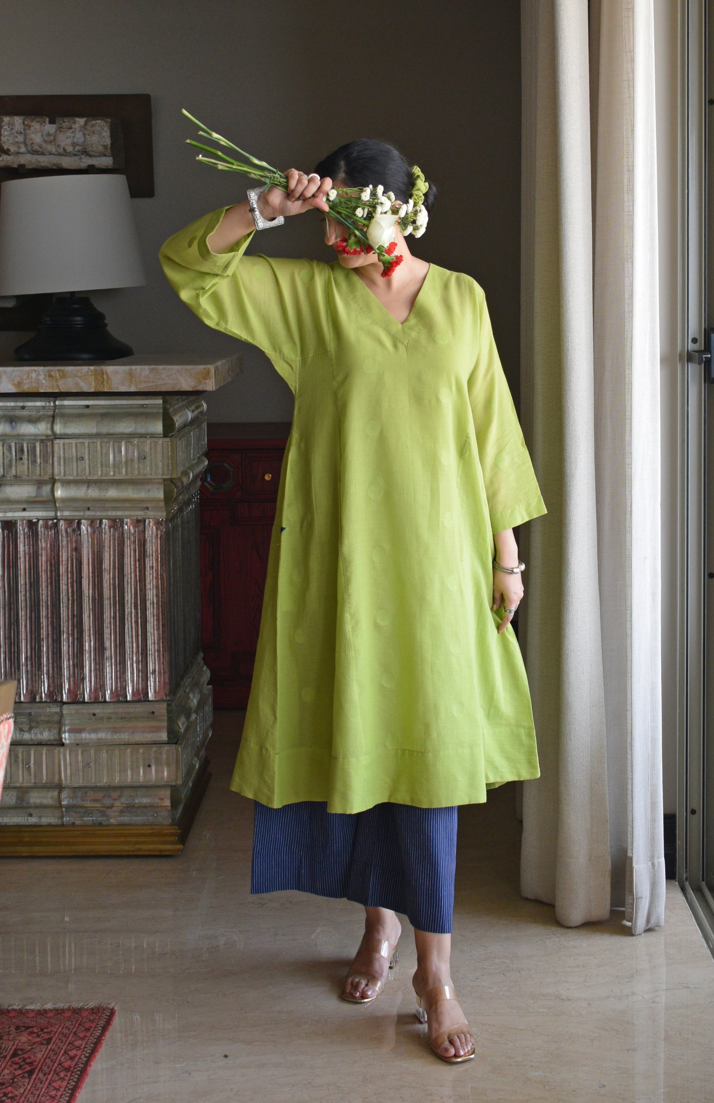 Lime Green Polka Dot Jamdani Phiran with Blue Handwoven Striped Pyjama