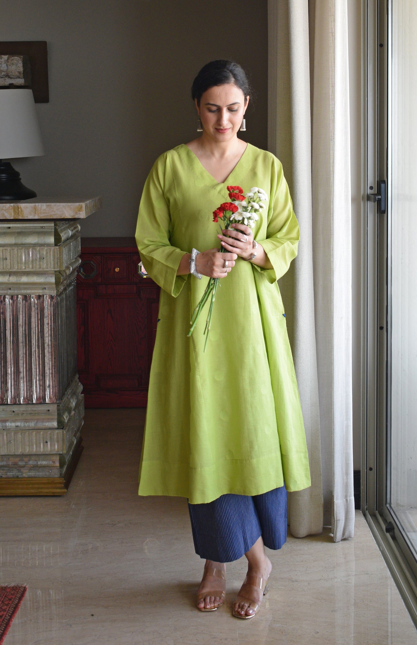 Lime Green Polka Dot Jamdani Phiran