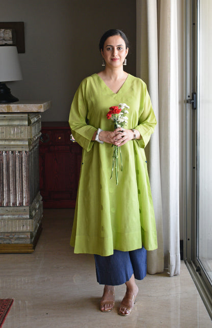 Lime Green Polka Dot Jamdani Phiran with Blue Handwoven Striped Pyjama