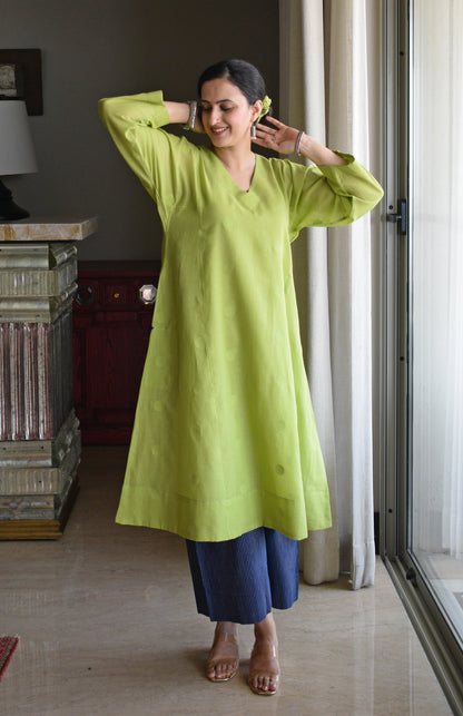 Lime Green Polka Dot Jamdani Phiran with Blue Handwoven Striped Pyjama