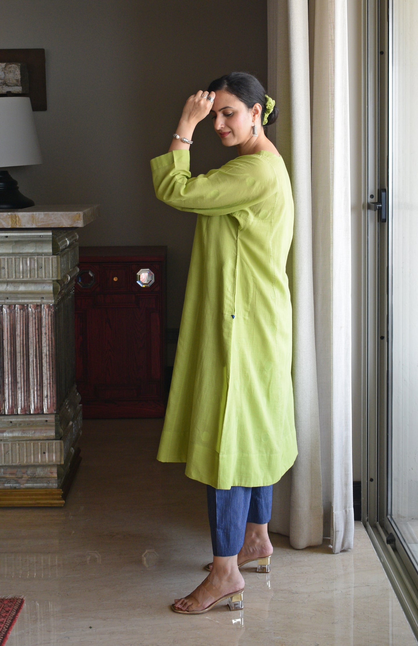 Lime Green Polka Dot Jamdani Phiran with Blue Handwoven Striped Pyjama