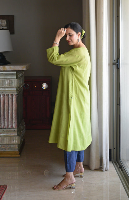 Lime Green Polka Dot Jamdani Phiran with Blue Handwoven Striped Pyjama