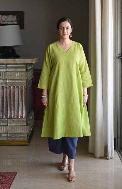 Lime Green Polka Dot Jamdani Phiran with Blue Handwoven Striped Pyjama