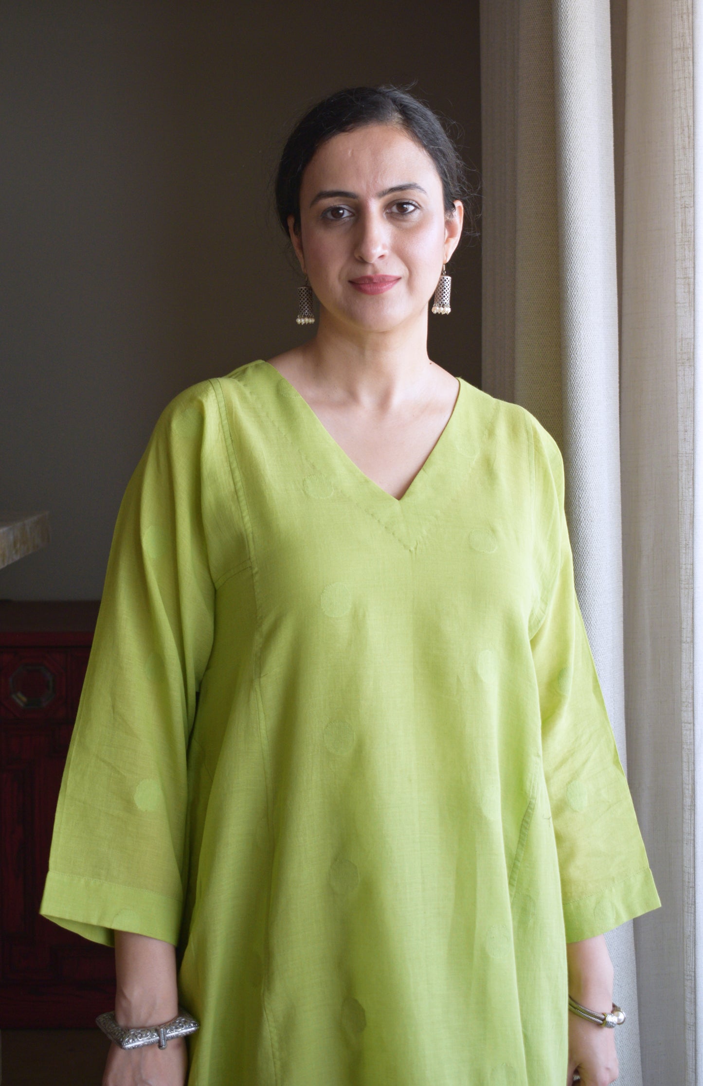 Lime Green Polka Dot Jamdani Phiran with Blue Handwoven Striped Pyjama