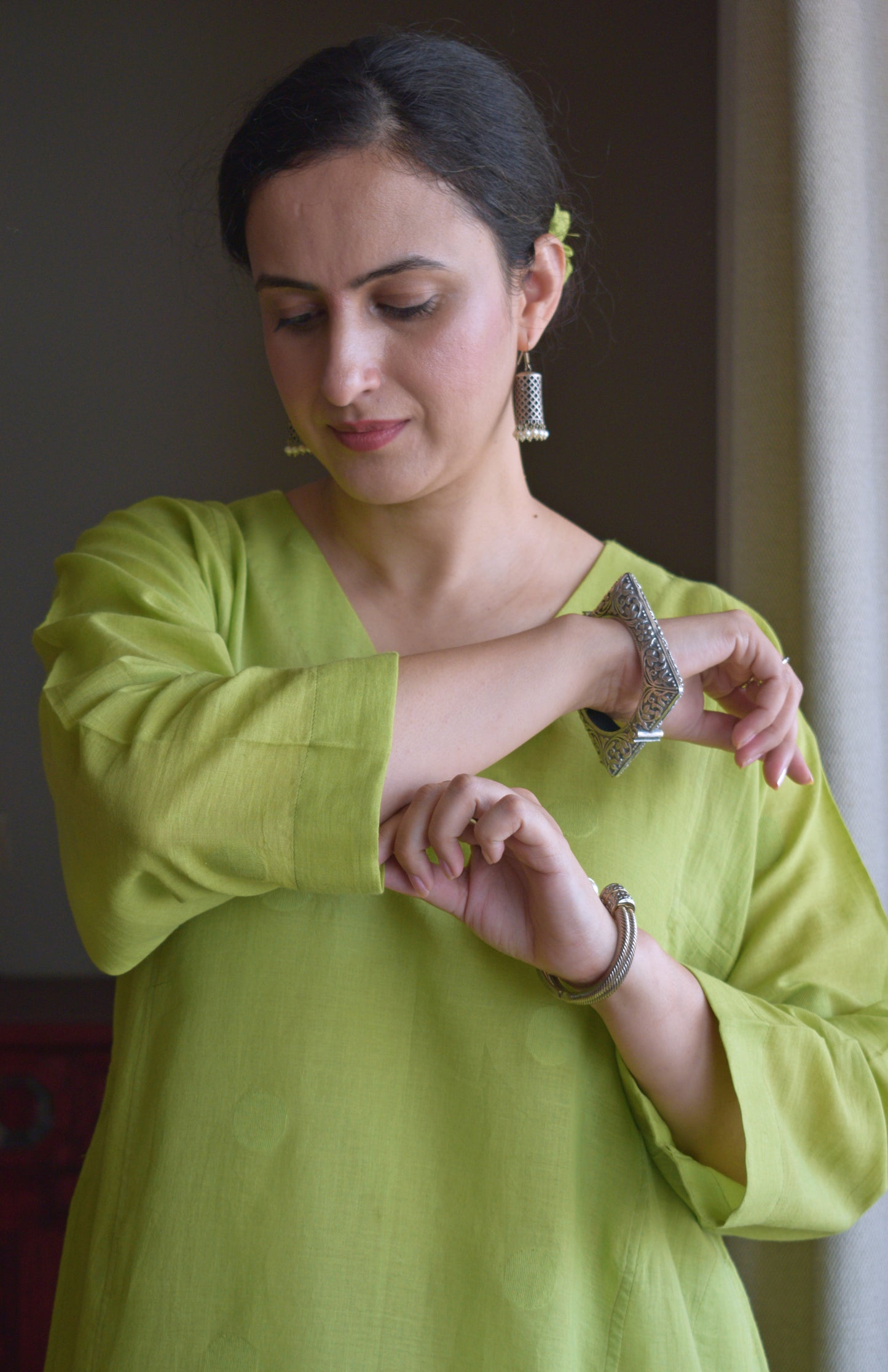 Lime Green Polka Dot Jamdani Phiran