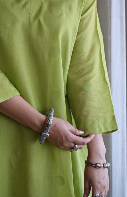 Lime Green Polka Dot Jamdani Phiran with Blue Handwoven Striped Pyjama