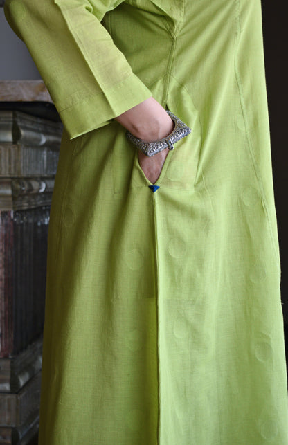 Lime Green Polka Dot Jamdani Phiran with Blue Handwoven Striped Pyjama