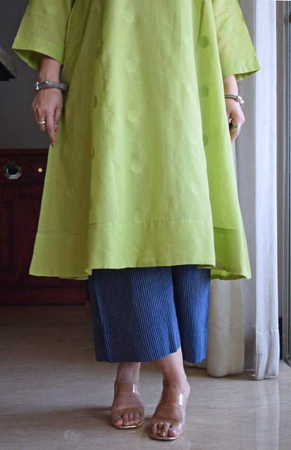 Lime Green Polka Dot Jamdani Phiran with Blue Handwoven Striped Pyjama