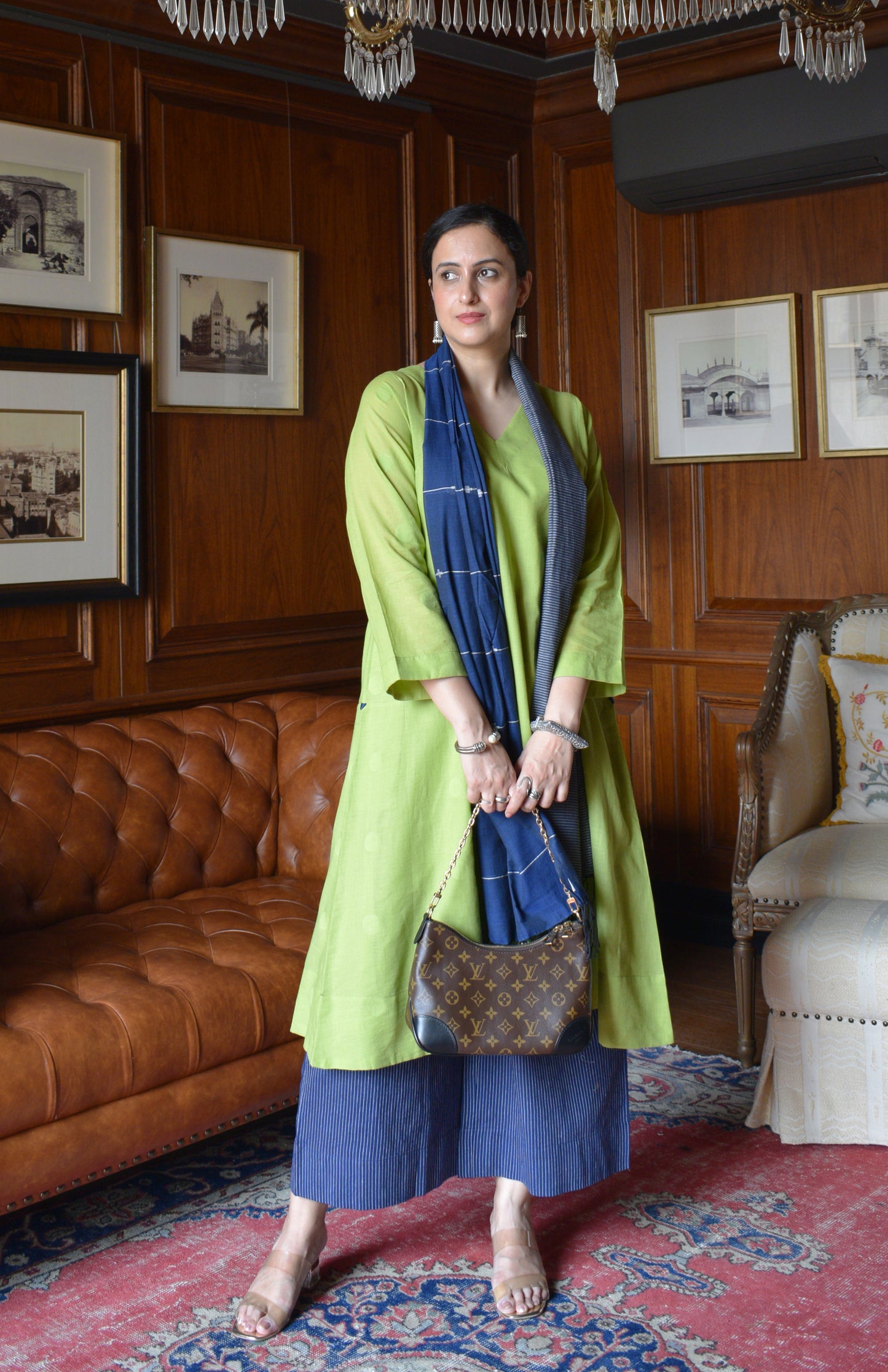 Lime Green Polka Dot Jamdani Phiran with Blue Handwoven Striped Pyjama