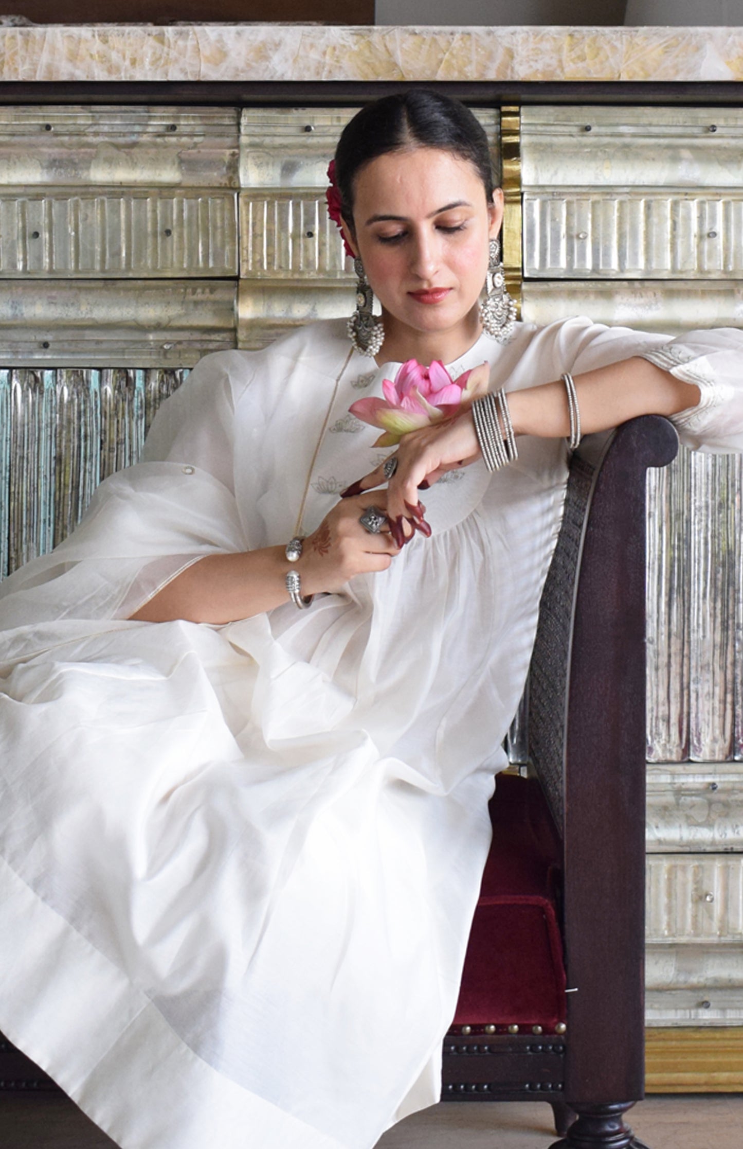 Sufi Chanderi Set with Hand Embroidered Yoke and Wide Legged Pyjama