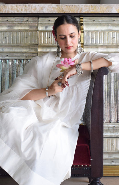 Sufi Chanderi Set with Hand Embroidered Yoke and Wide Legged Pyjama