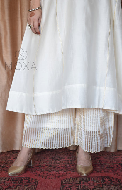 Off white Striped Chanderi Scallop Pajama