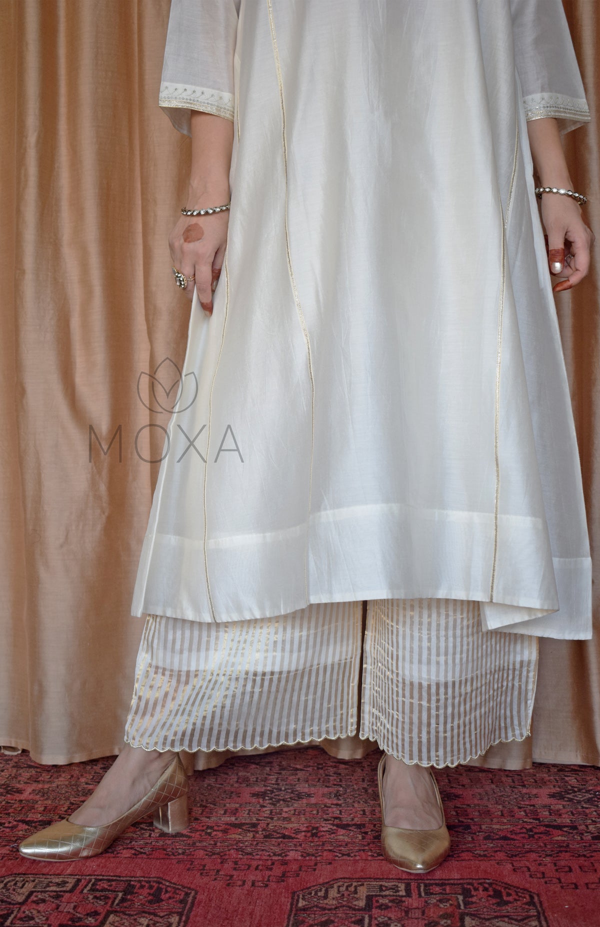 Maroon Striped Organza Dupatta With Off White Striped Chanderi Scallop Pajama - Set of 2
