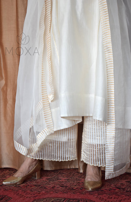 Off White Organza Dupatta With Striped Zari Chanderi Border