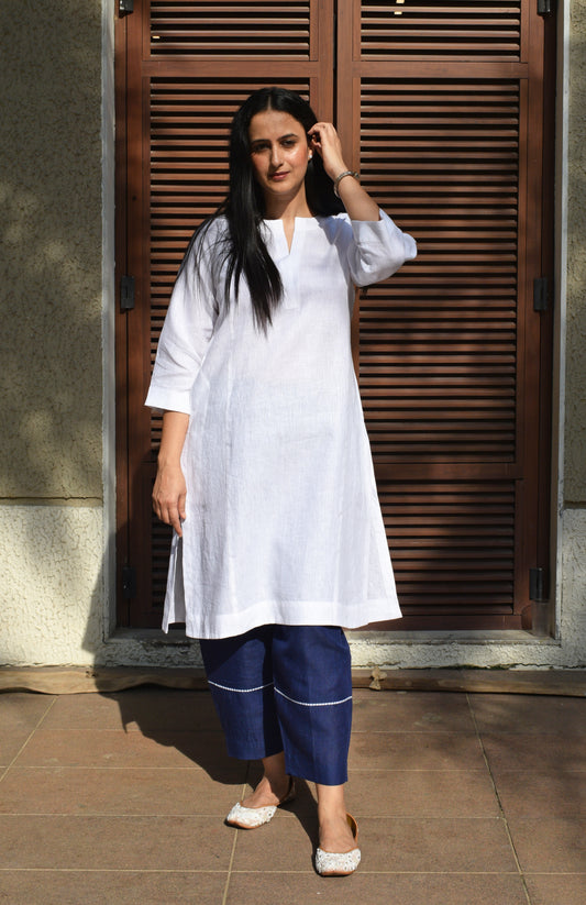 White linen straight fit paneled kurta