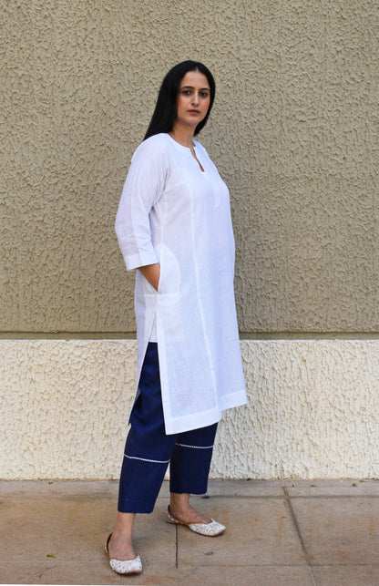 White linen straight fit paneled kurta set with dark blue trousers
