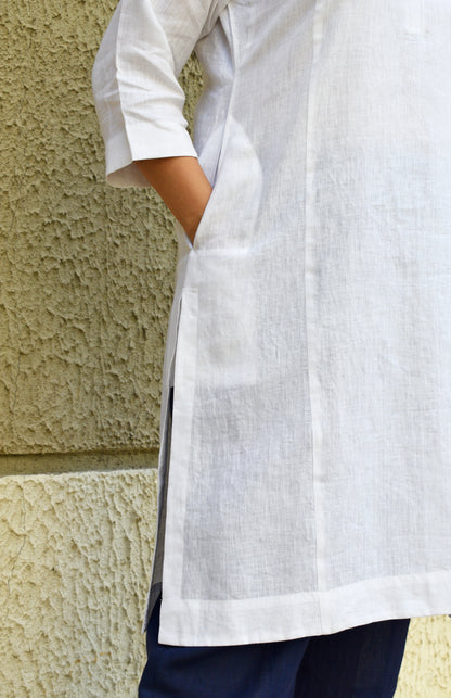 White linen straight fit paneled kurta