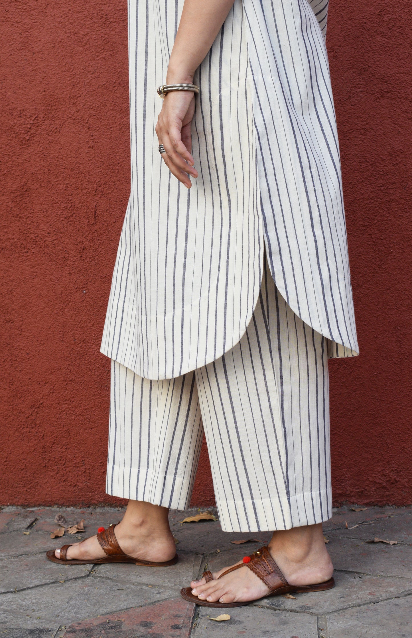 Off white Striped Choga with V neck and pajama in Handwoven Cotton