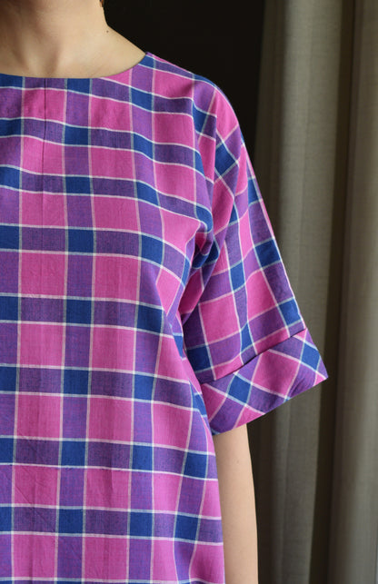 Orchid Pink A line Kurta in Handwoven Checks with White Pyjama