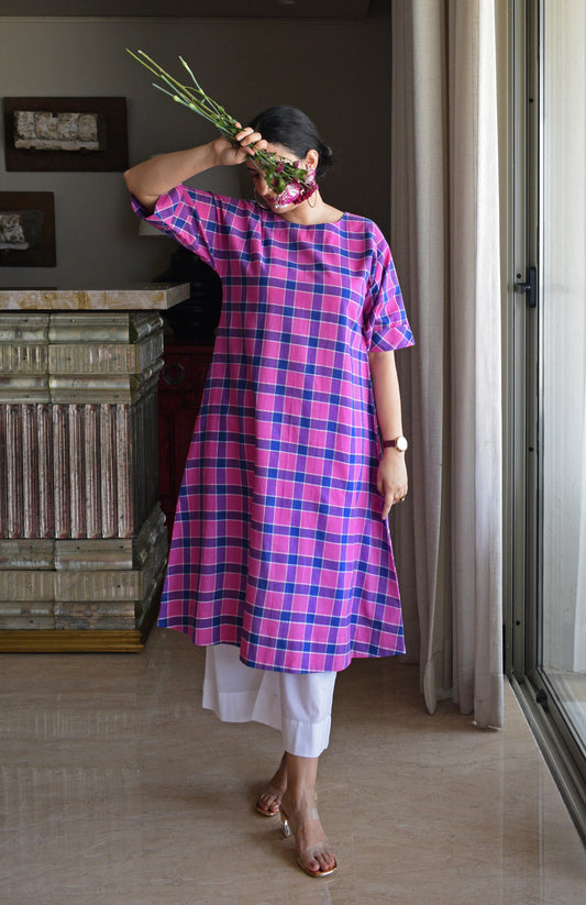 Orchid Pink A line Kurta in handwoven checks