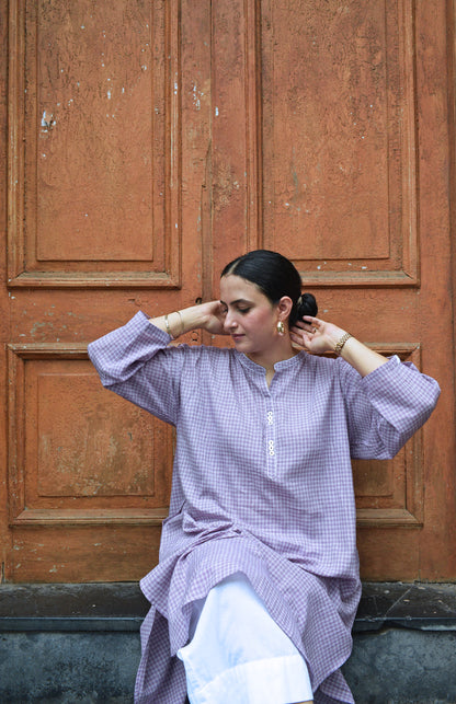 Purple Checks Antifit kurta in Handwoven Cotton and White pyjama