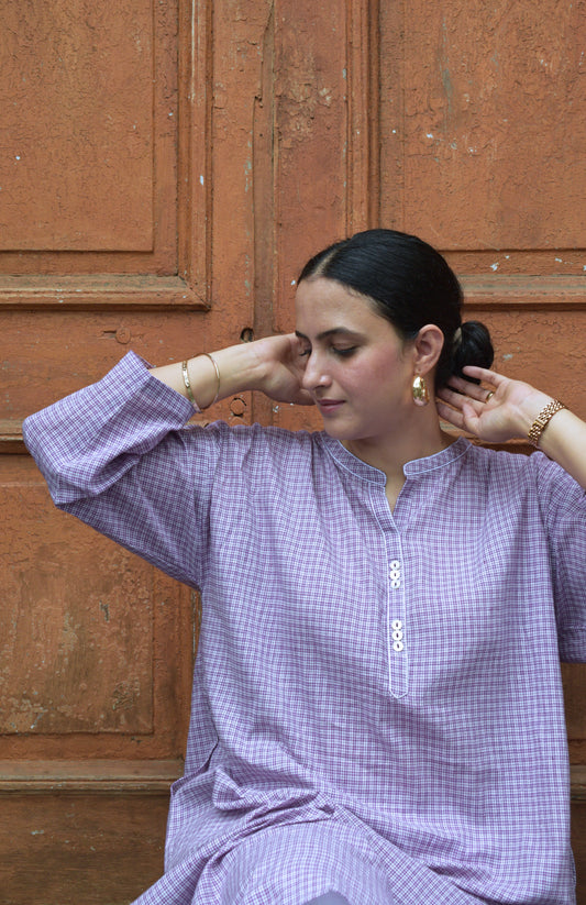 Purple Checks Antifit Kurta in Handwoven Cotton