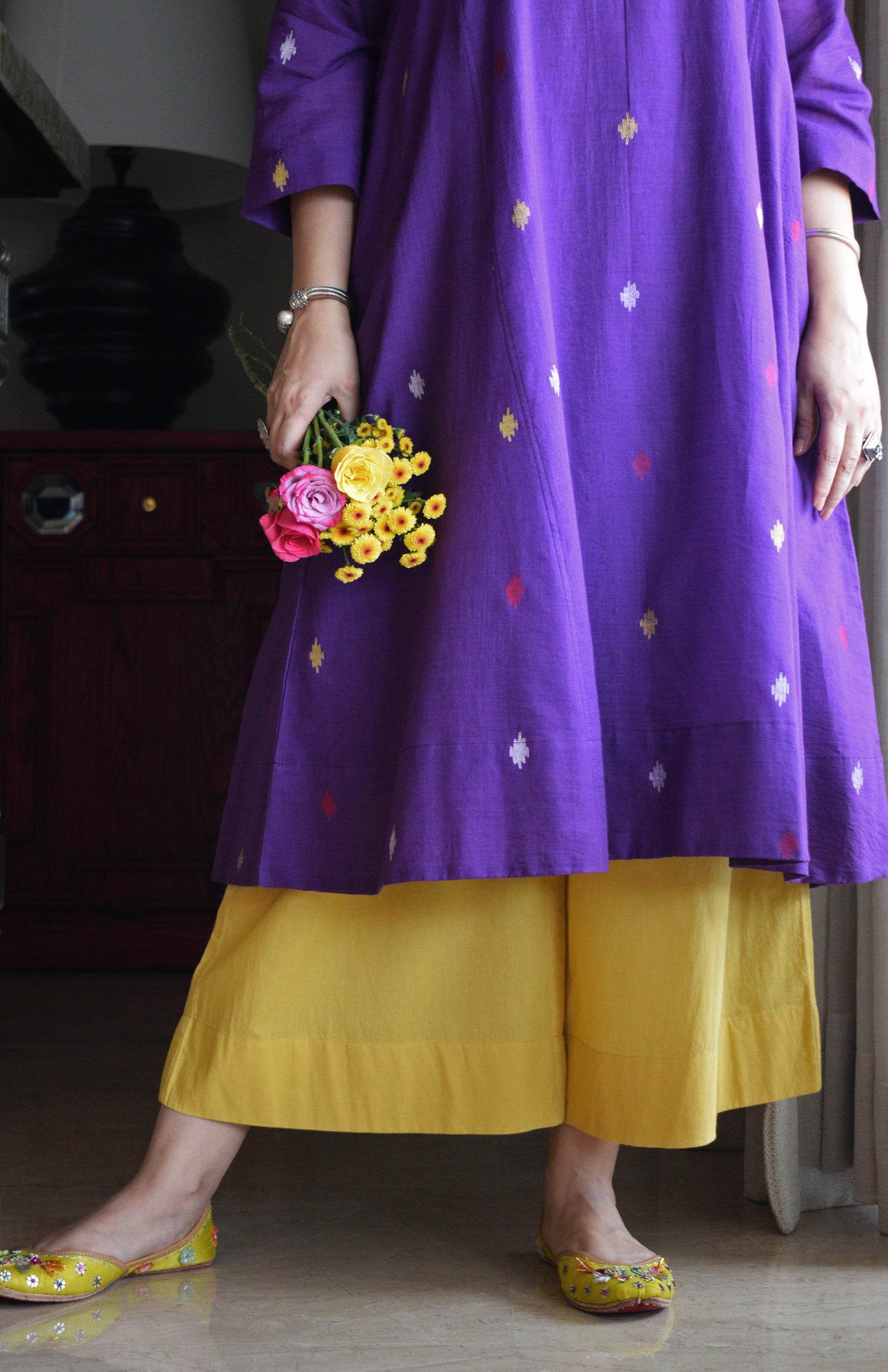 Purple Jamdani Phiran with Yellow Pyjama