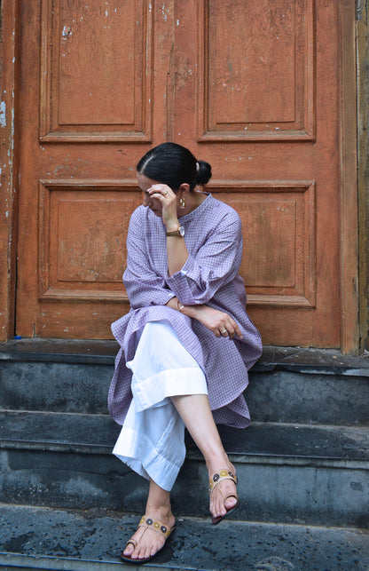 Purple Checks Antifit Kurta in Handwoven Cotton