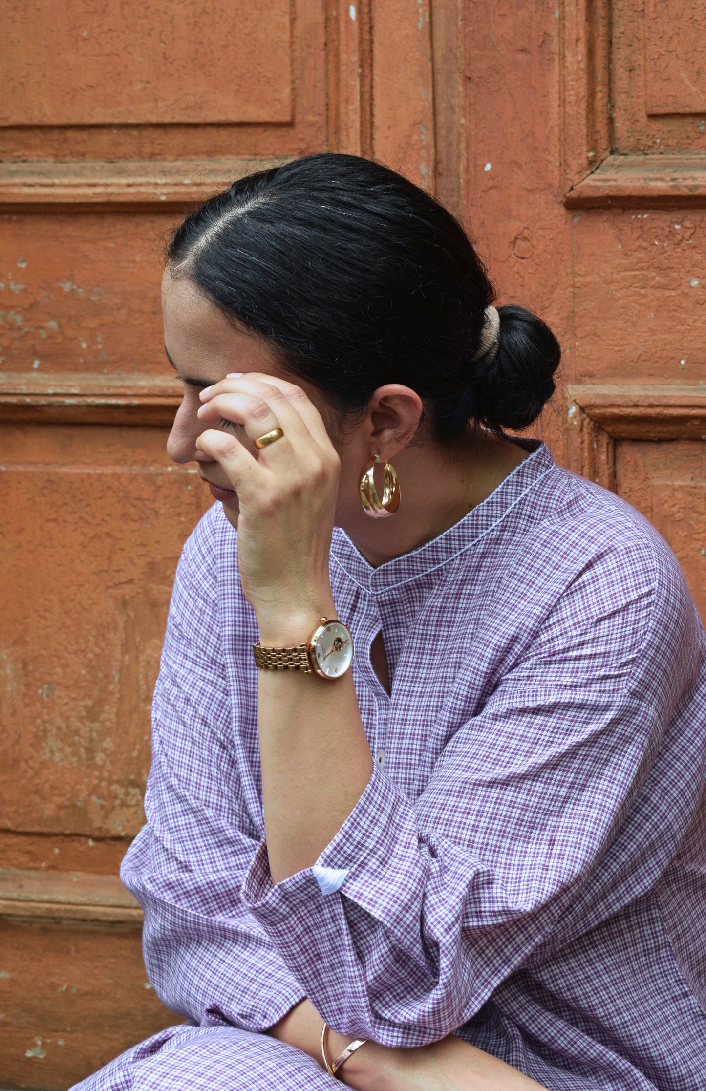 Purple Checks Antifit kurta in Handwoven Cotton and White pyjama