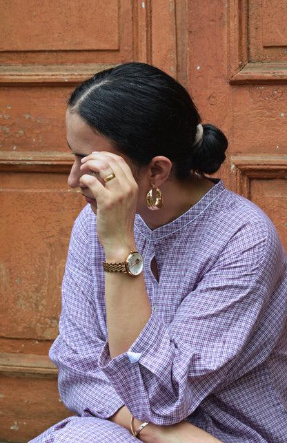 Purple Checks Antifit kurta in Handwoven Cotton and White pyjama