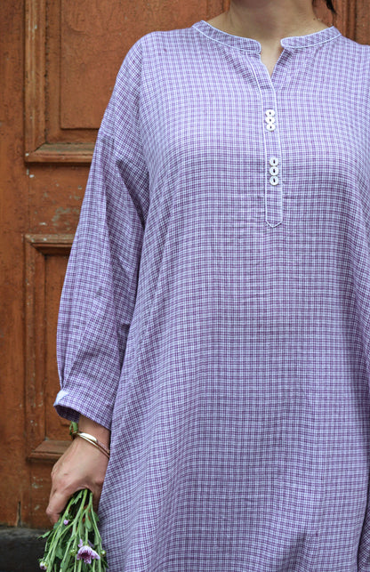 Purple Checks Antifit kurta in Handwoven Cotton and White pyjama