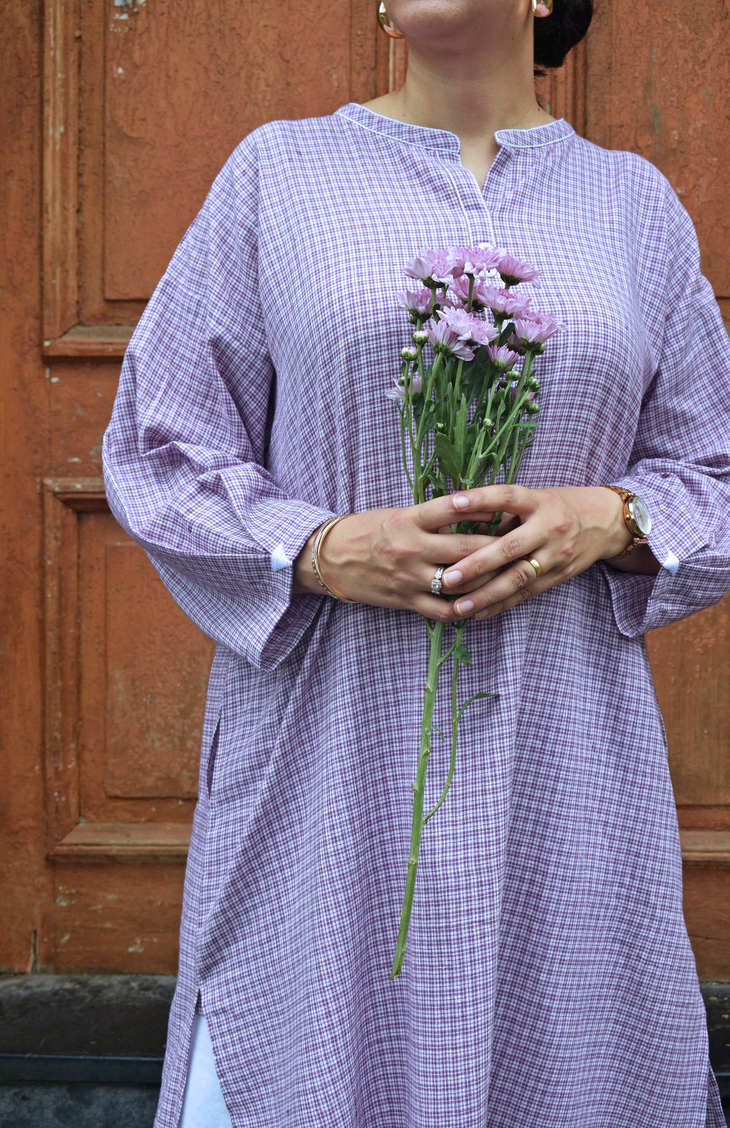 Purple Checks Antifit kurta in Handwoven Cotton and White pyjama
