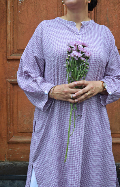 Purple Checks Antifit kurta in Handwoven Cotton and White pyjama