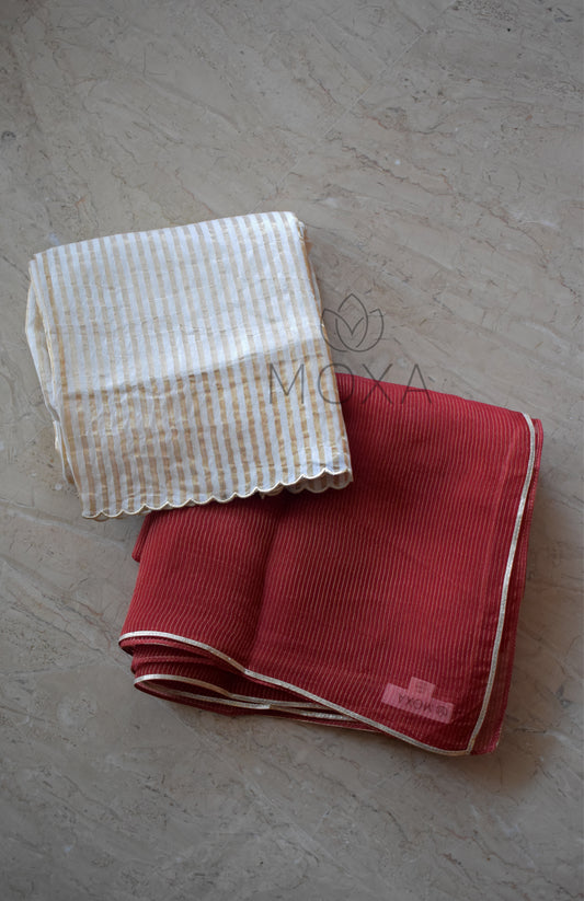 Maroon Striped Organza Dupatta With Off White Striped Chanderi Scallop Pajama - Set of 2