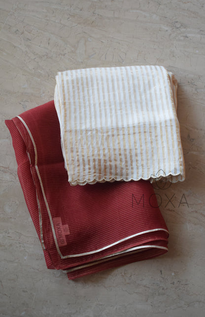 Maroon Striped Organza Dupatta With Off White Striped Chanderi Scallop Pajama - Set of 2