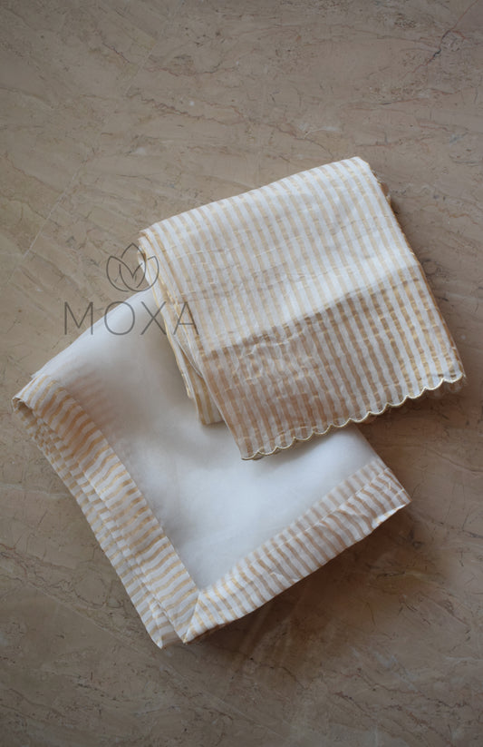 Off White Organza Dupatta With Off White Striped Chanderi Scallop Pajama - Set of 2