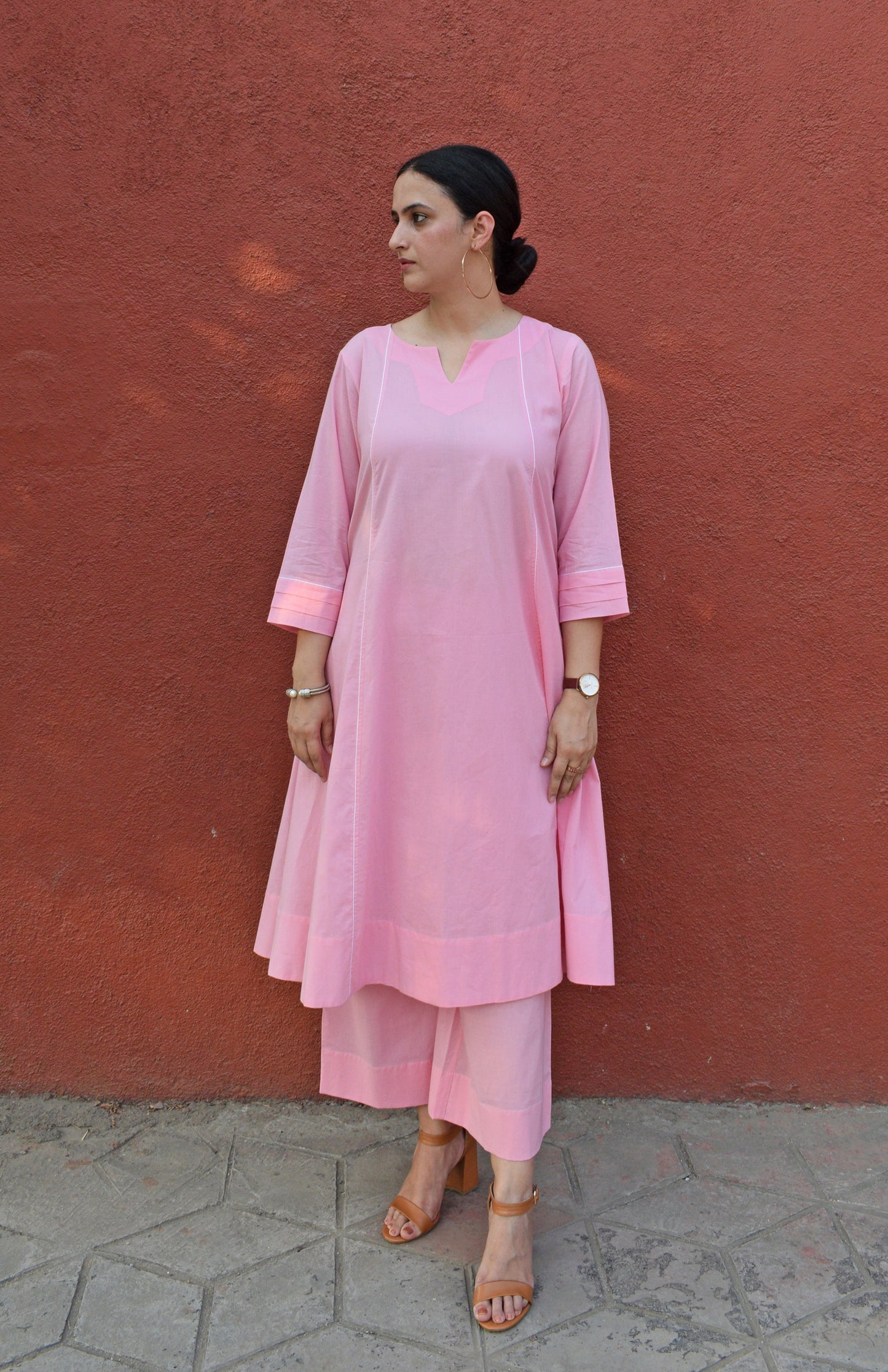 Light pink A line Cotton Kurta with Panels and pajama