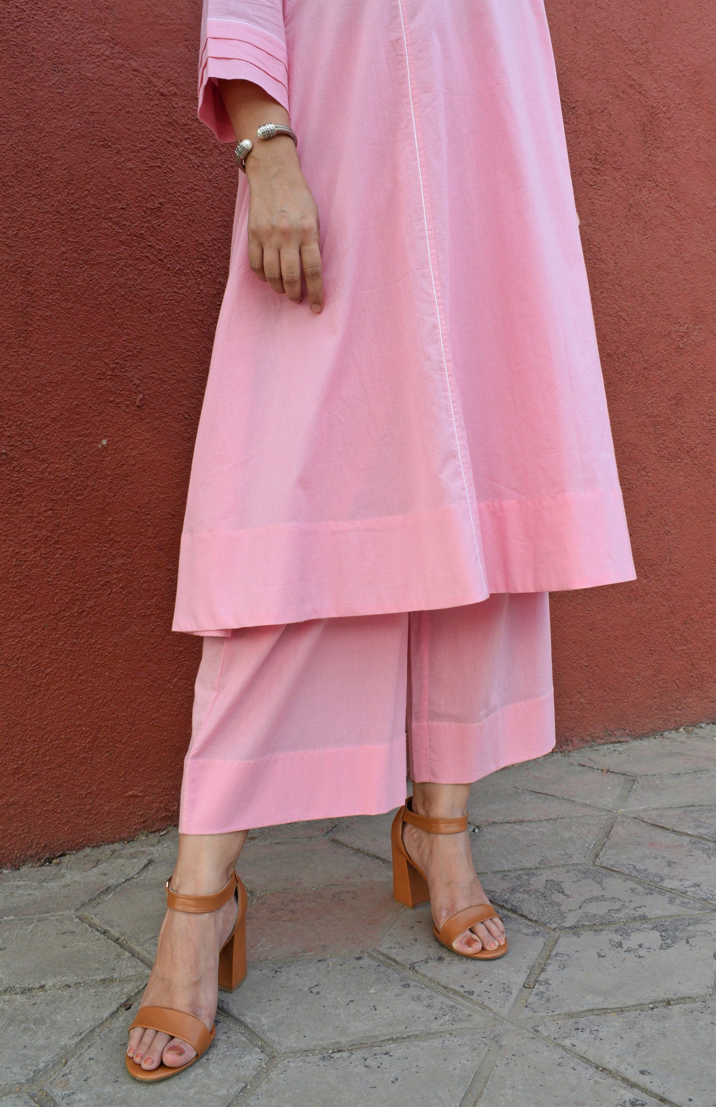 Light pink A line Cotton Kurta with Panels and pajama