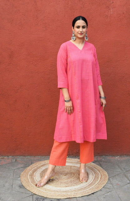 Pink V neck Paneled Kurta in Handwoven checks