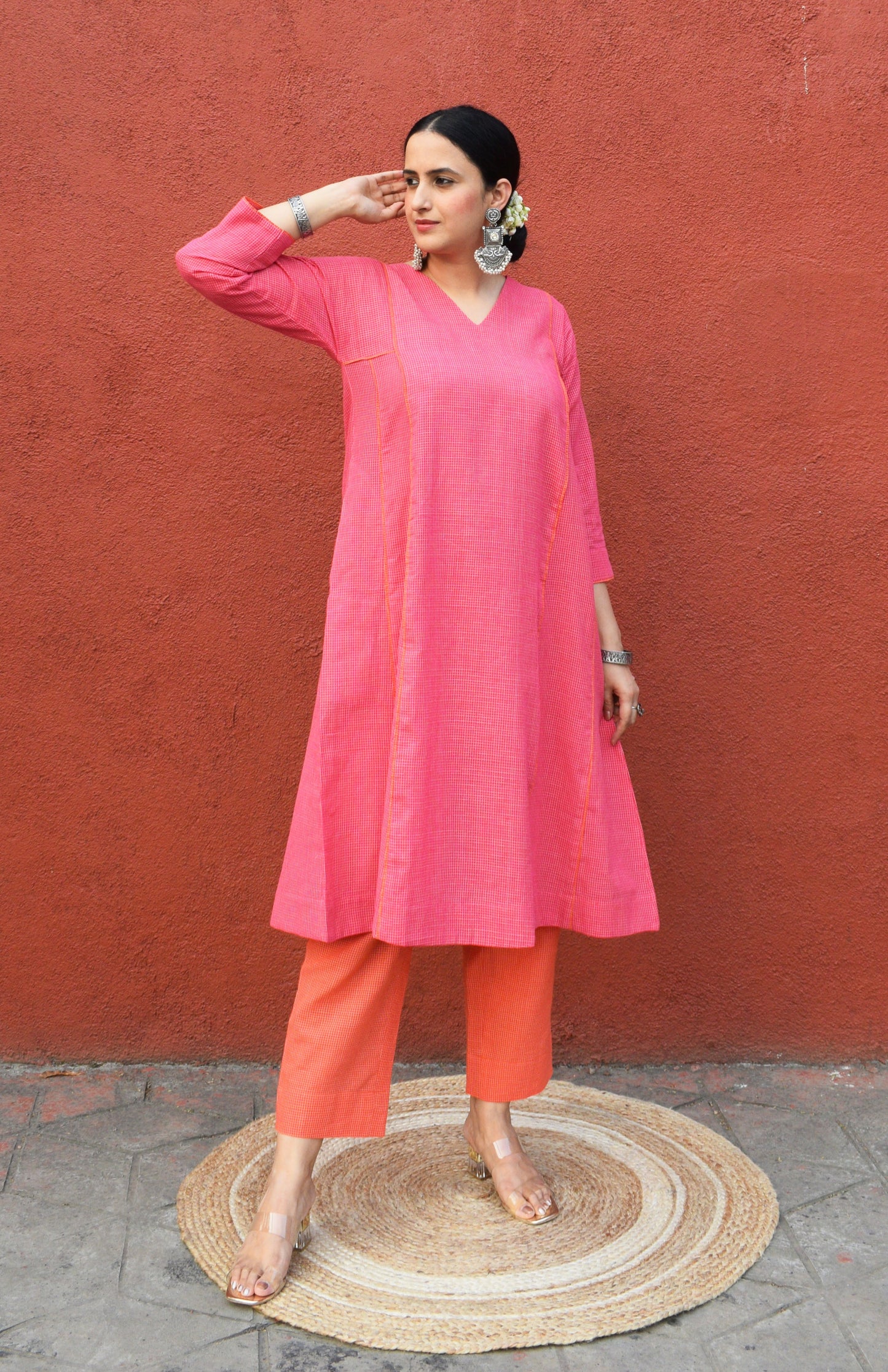 Pink V neck Paneled Kurta in Handwoven checks